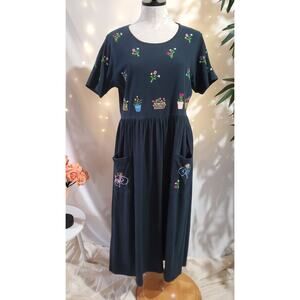 Michael Simon Lite Embroidered Flower Bicycle Dog Maxi Dress Size PM Cottagecore